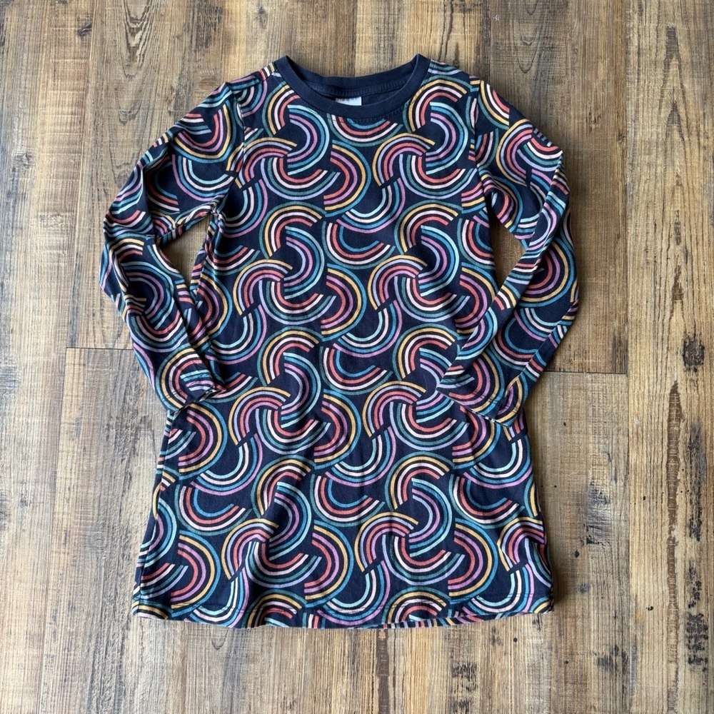 Hanna Andersson Long Sleeve Navy Blue Geo Rainbow Dress 100% Cotton Size 6-7